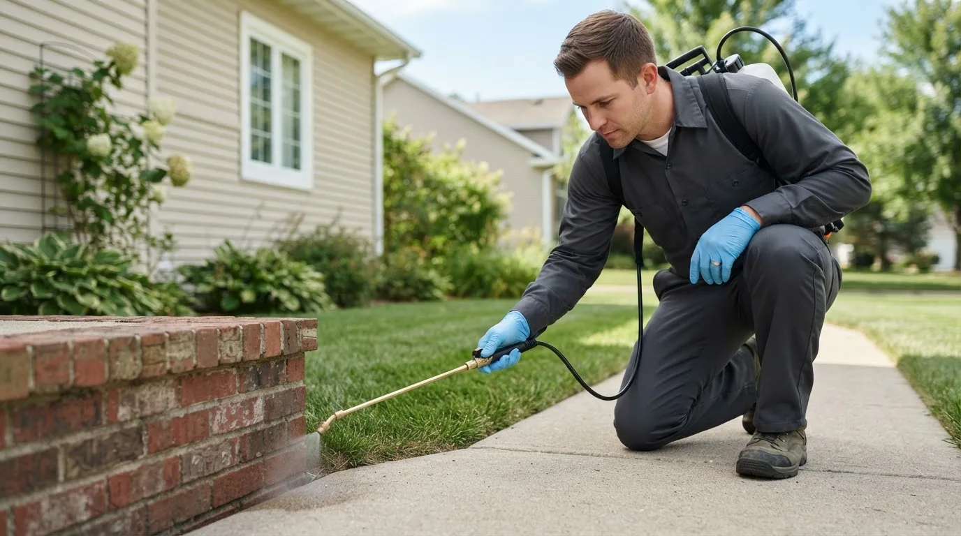 Pest control technician treating a home near Milton, VT
